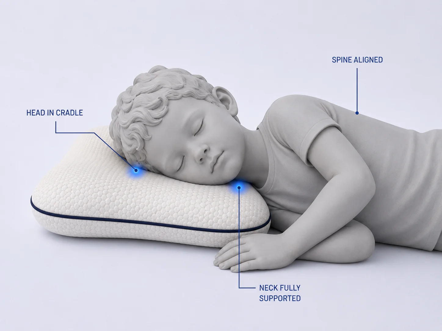 Diagram showing head cradled, neck supported, spine aligned