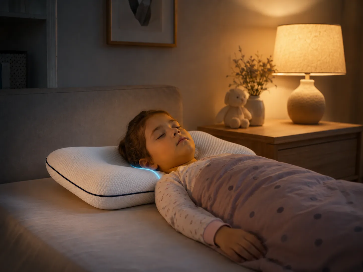 Child sleeping peacefully at night on Sleevo pillow